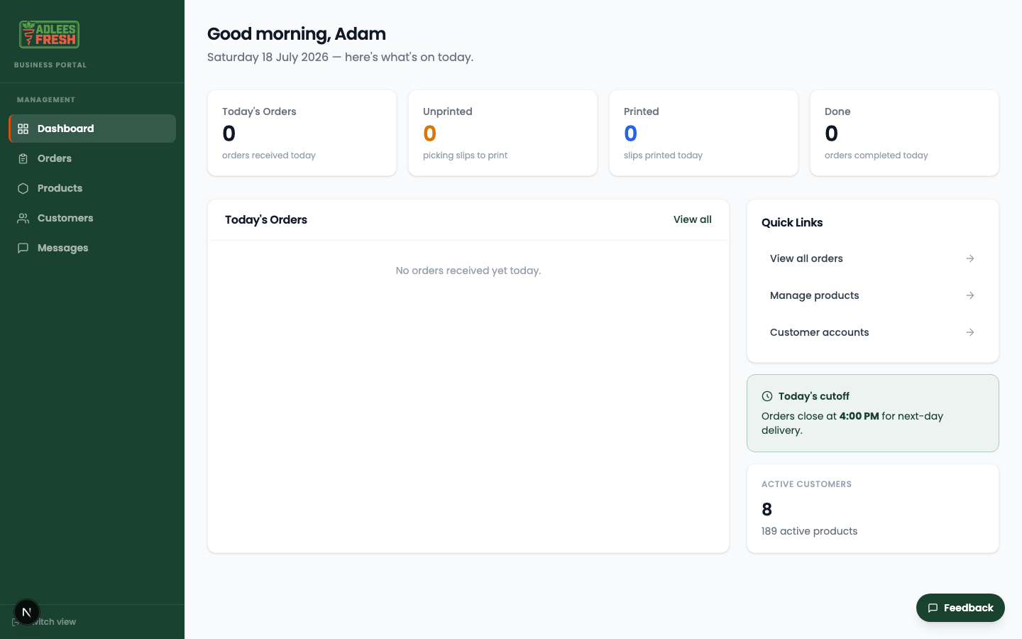 Dashboard screen, Adlees Fresh portal build