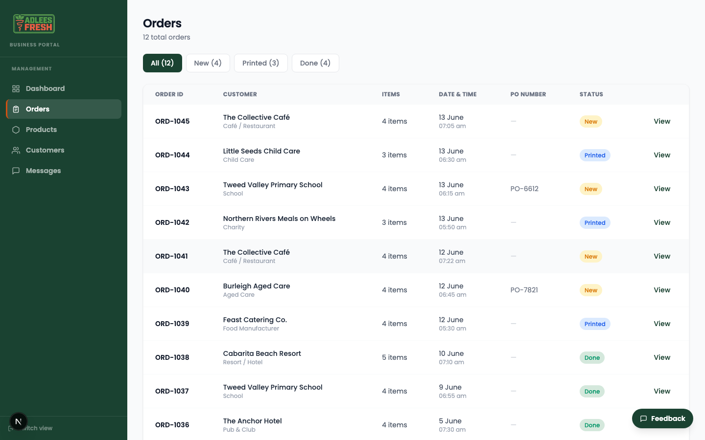 Full orders list, Adlees Fresh portal build