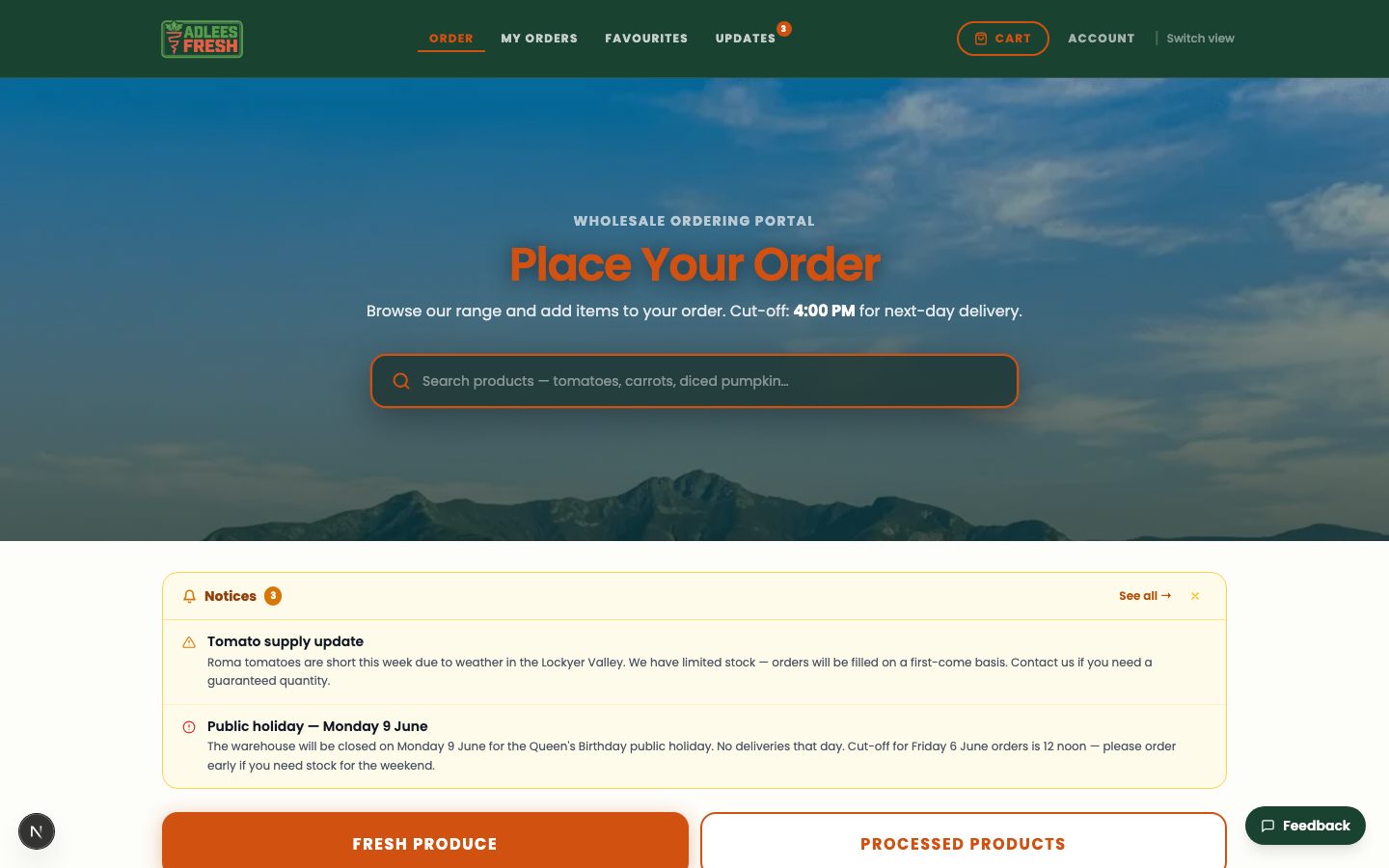 Customer ordering screen, Adlees Fresh portal build